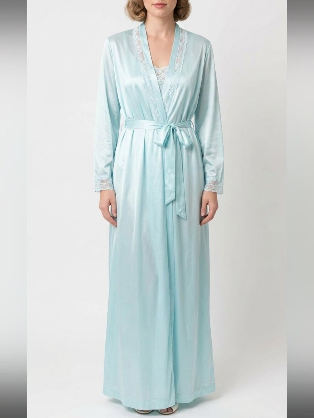Vtg Sears Light Blue Lace Trim Peignoir Long Slip Nightgown Robe Lingerie Set S
